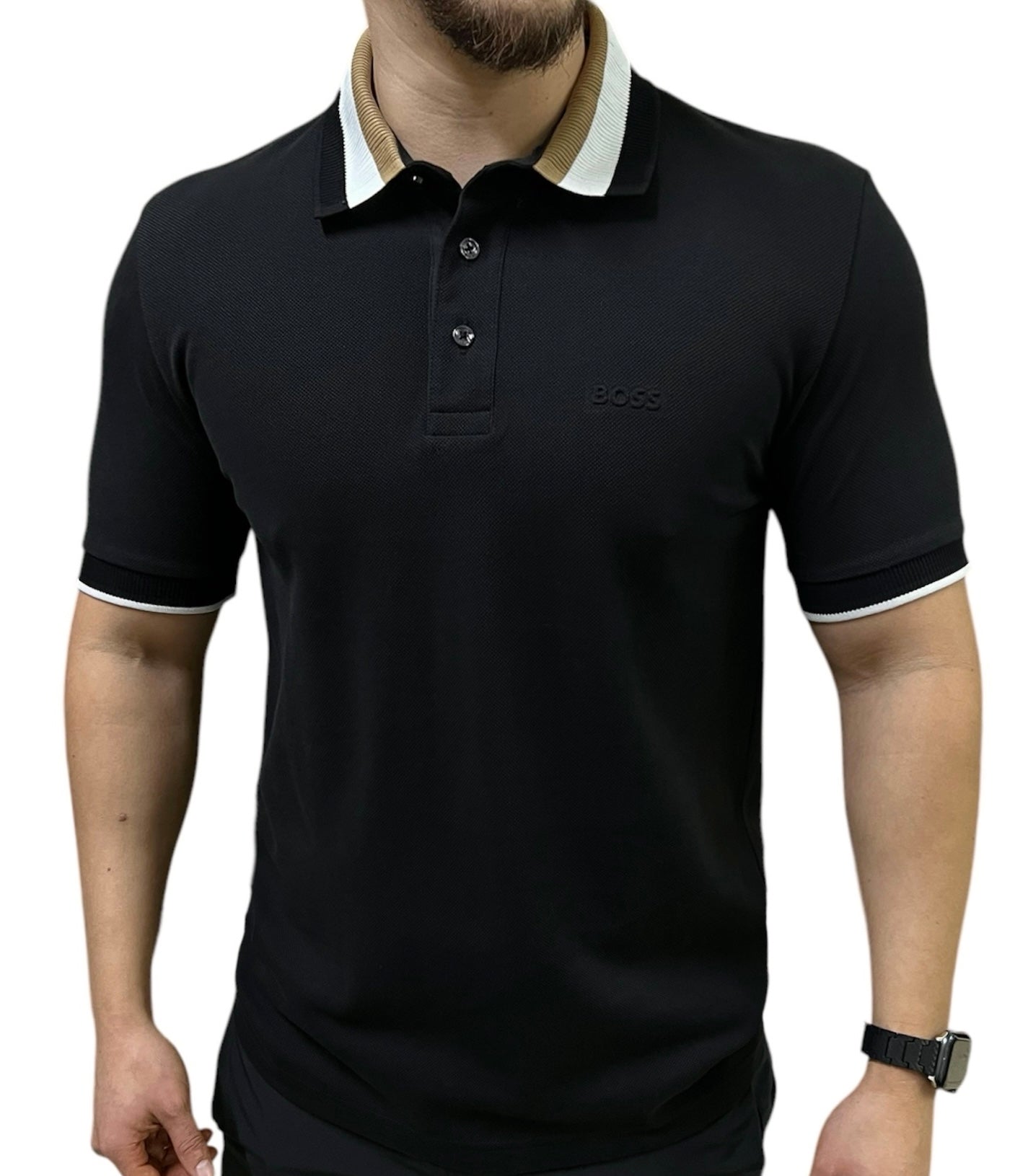 Polo BOSS Negra Cuello Tejido a Rayas