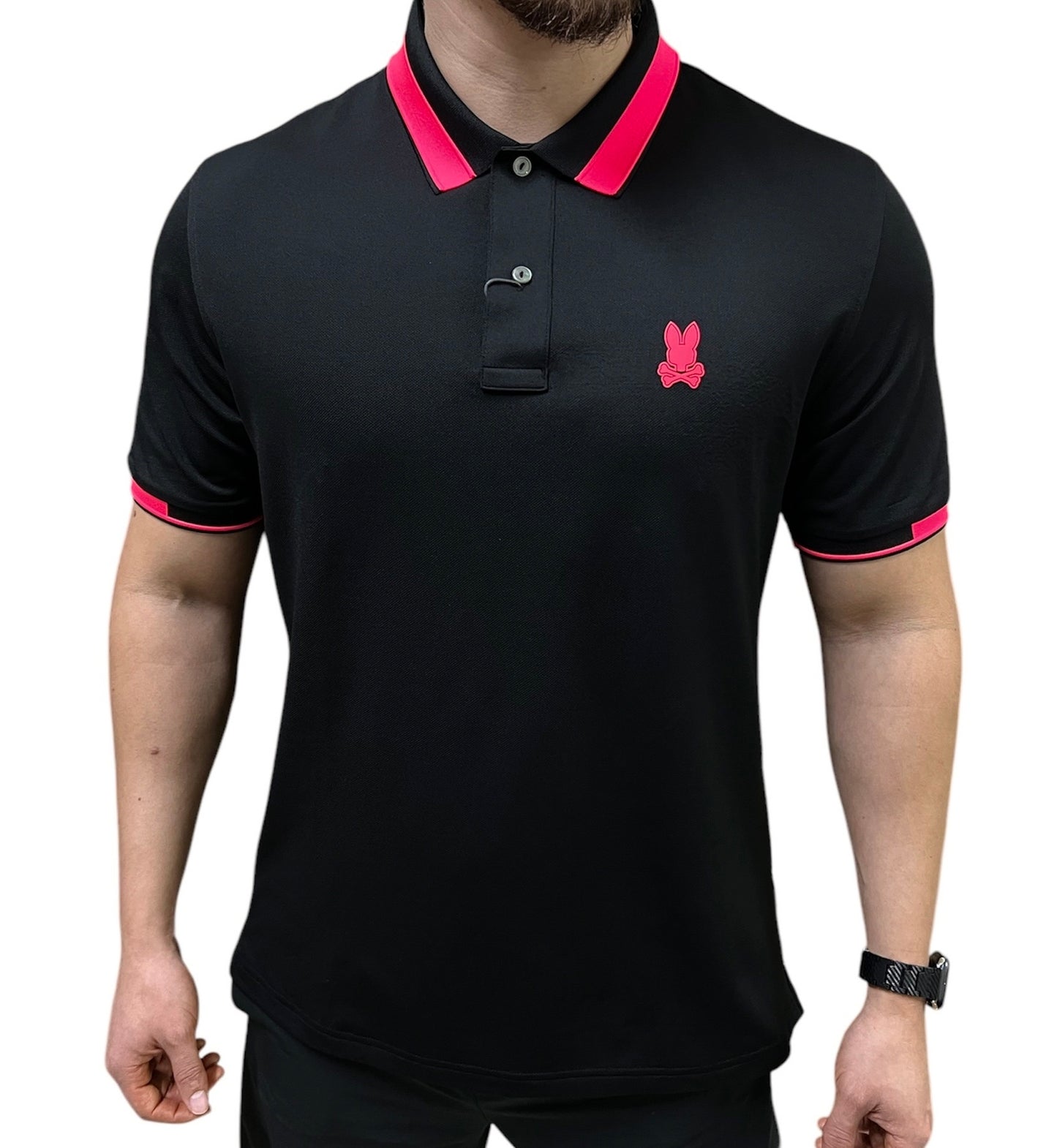 Polo Psycho Bunny Negra Cuello Bordado Rosa