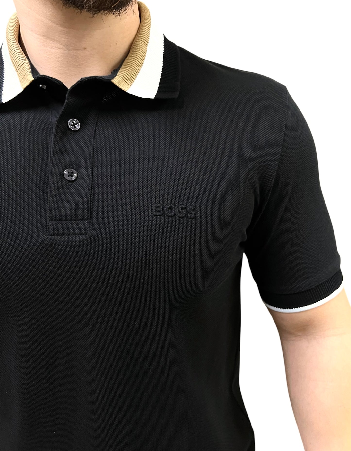 Polo BOSS Negra Cuello Tejido a Rayas