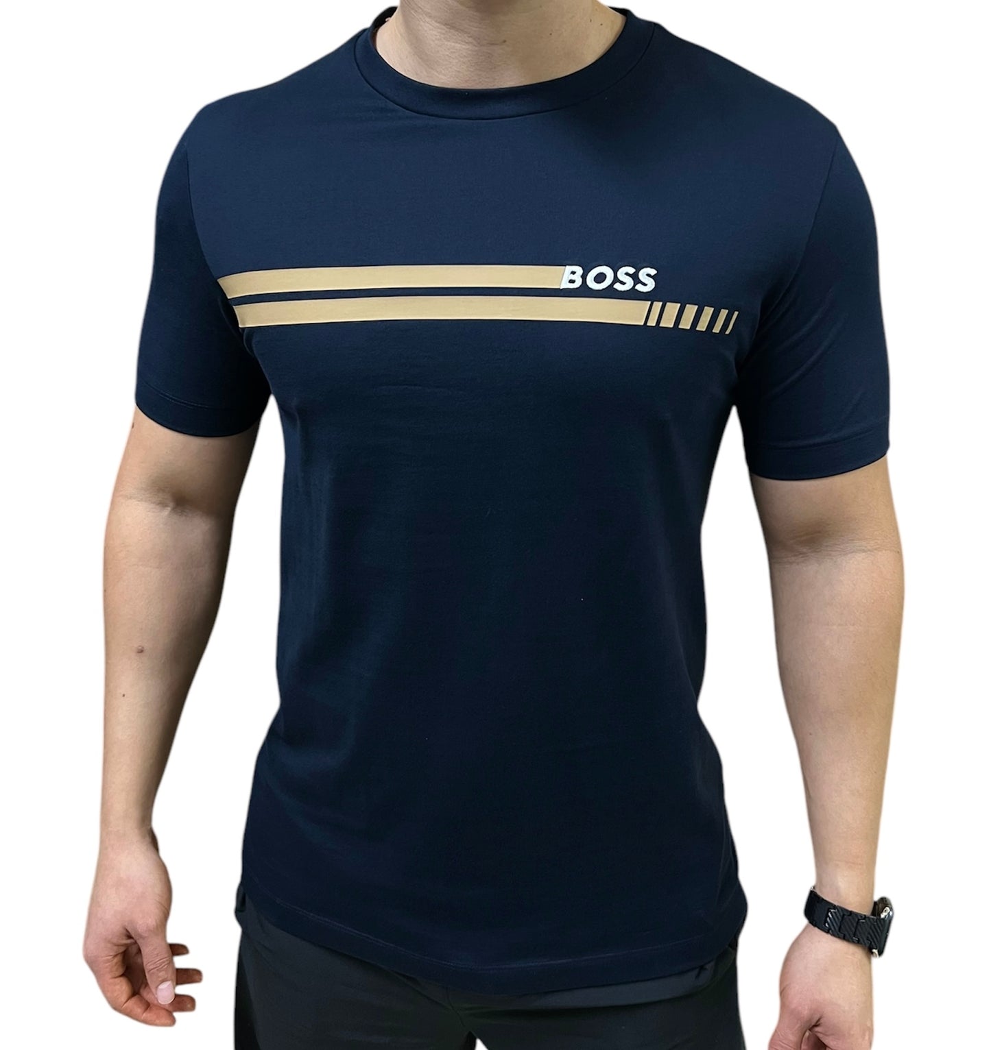 Playera BOSS azul con estampado dorado