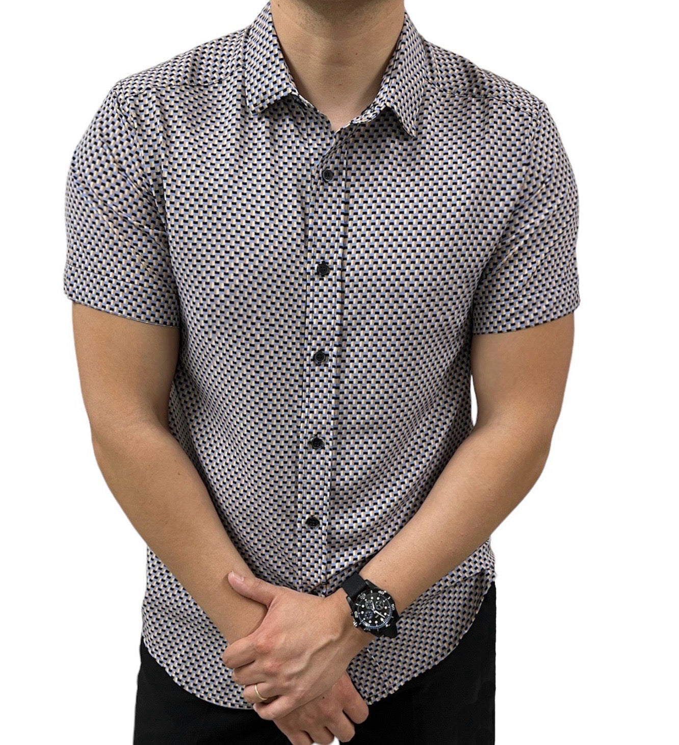 Camisa Magaschoni Manga Corta Patron Azul Cafe