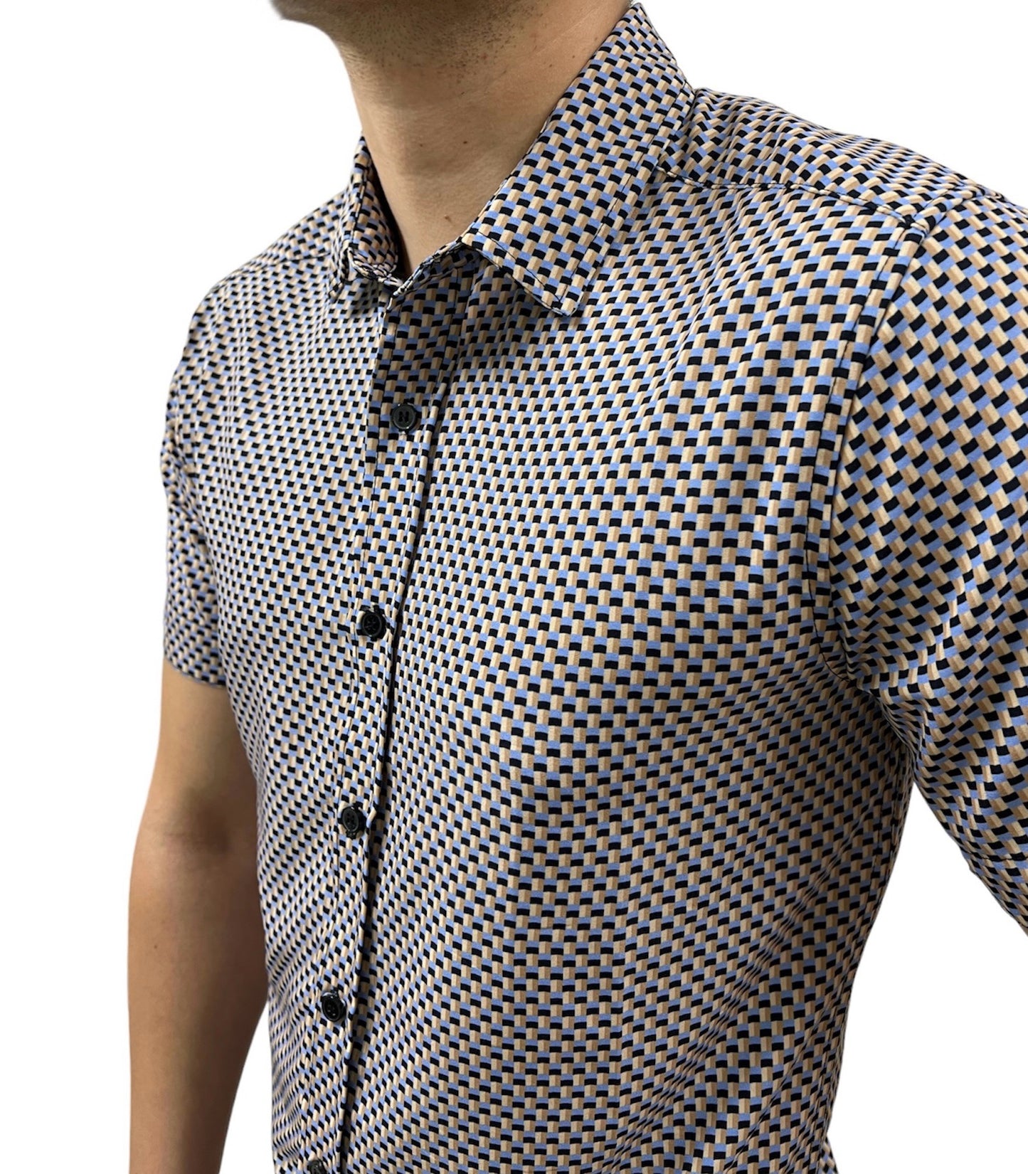 Camisa Magaschoni Manga Corta Patron Azul Cafe