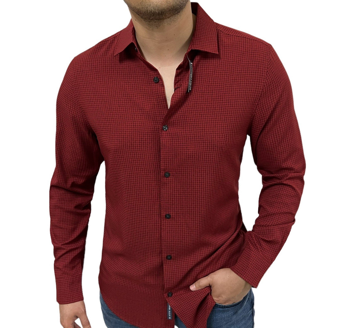 Camisa Perry Ellis Manga Larga Cuadros Tinto Fino